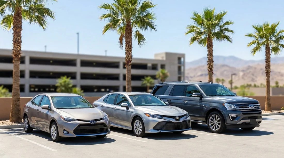 Sedans and an SUV in a rental lot